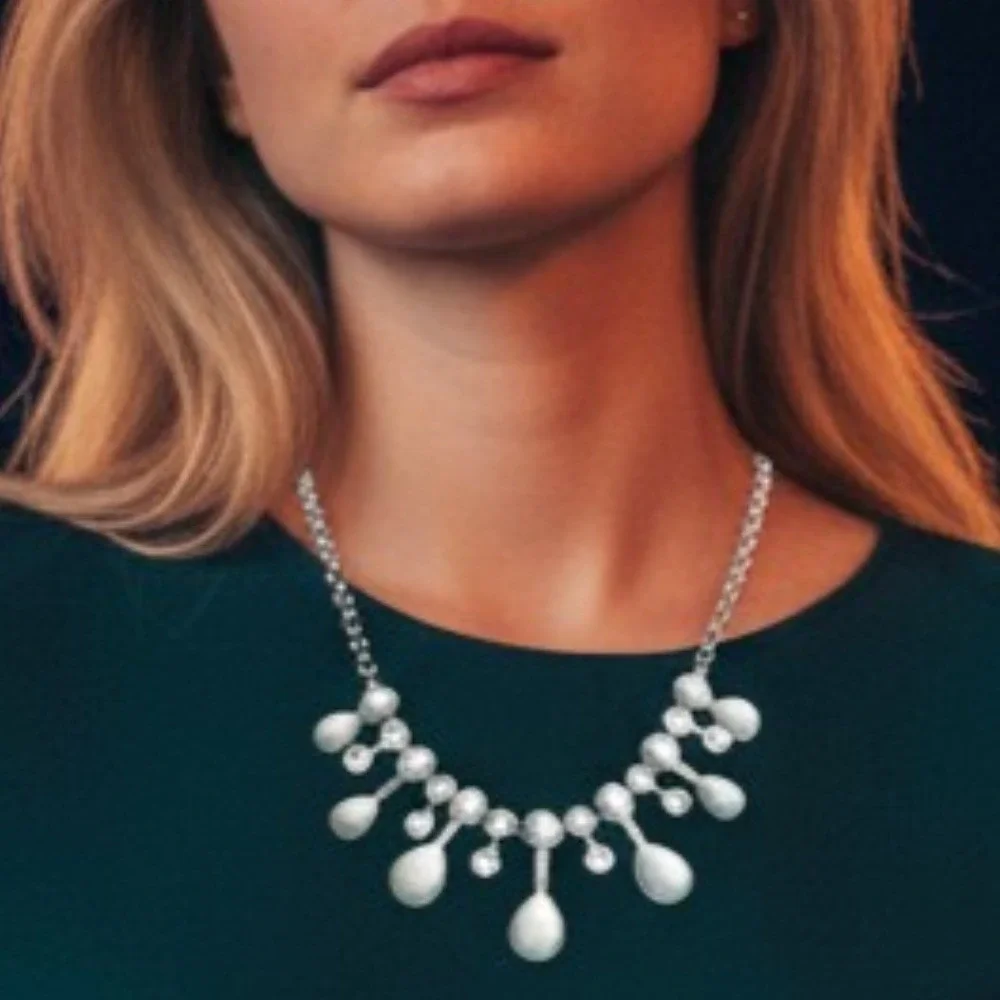 Silver Tone Light Blue Teardrop Rhinestone Statement‎ Bib Necklace Adjustable